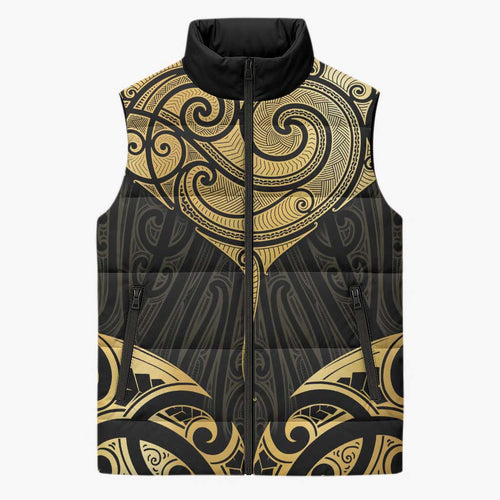 Gold Black New Zealand Manta Ray Sleeveless Puffer Jacket Aotearoa Maori Haehae - Aussie Hoodie
