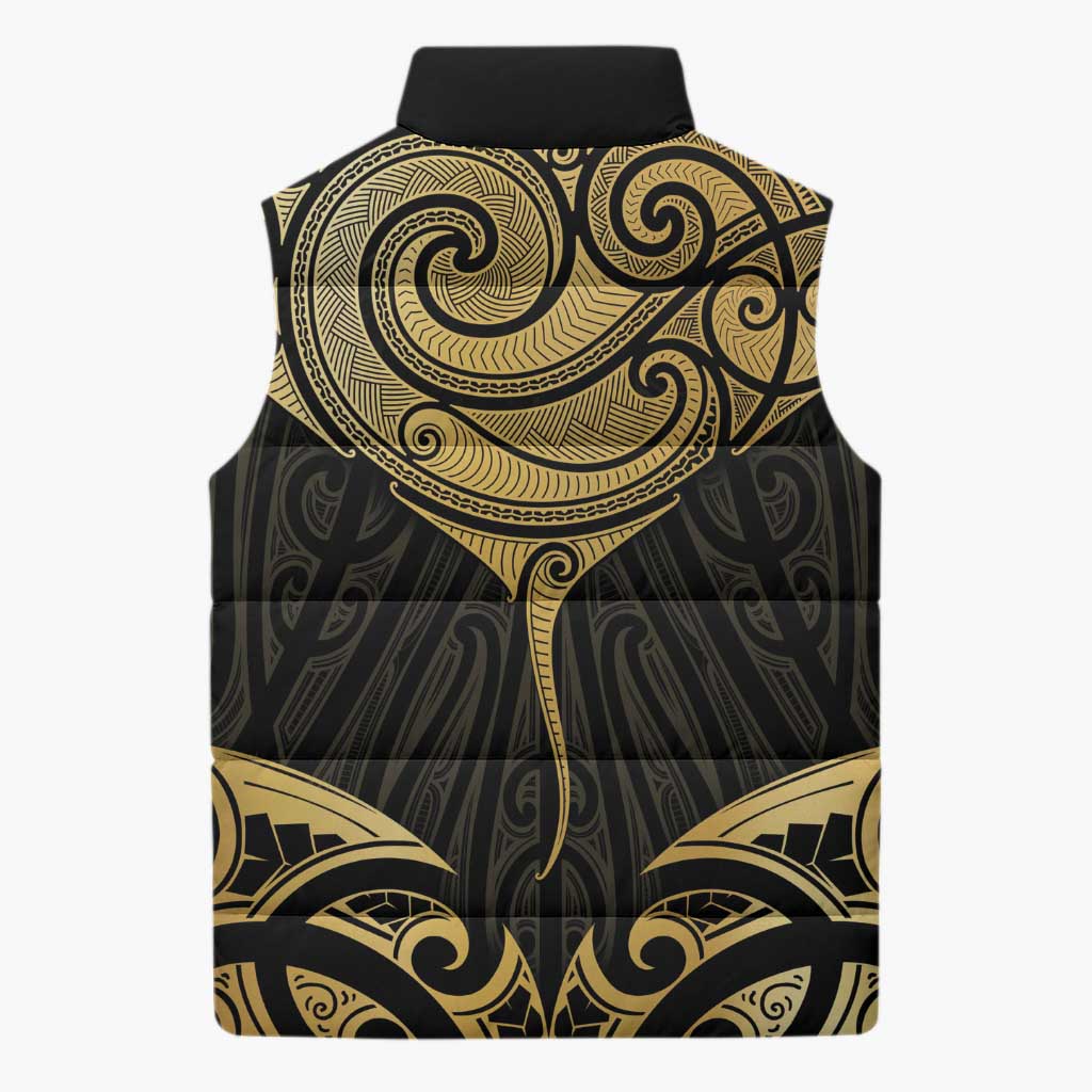 Gold Black New Zealand Manta Ray Sleeveless Puffer Jacket Aotearoa Maori Haehae - Aussie Hoodie