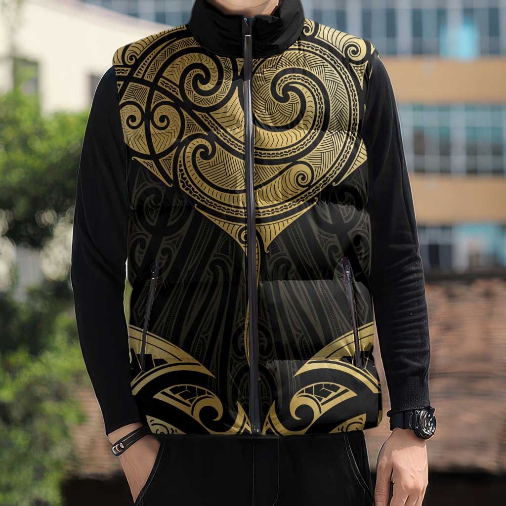 Gold Black New Zealand Manta Ray Sleeveless Puffer Jacket Aotearoa Maori Haehae - Aussie Hoodie