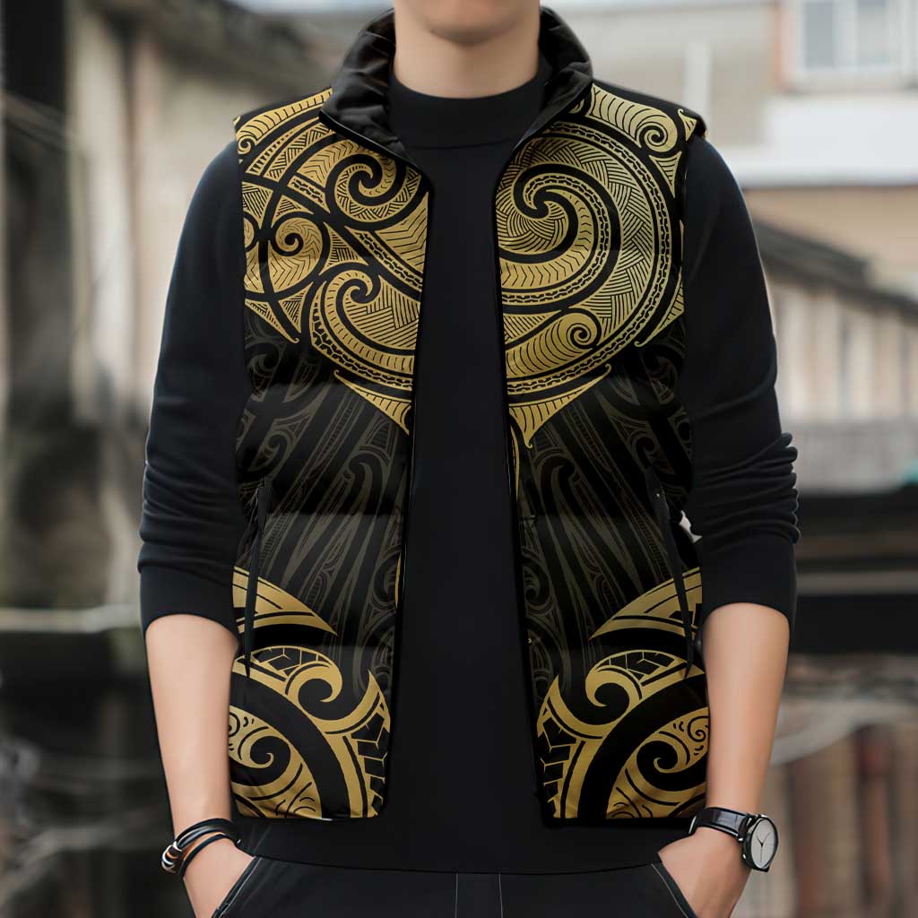Gold Black New Zealand Manta Ray Sleeveless Puffer Jacket Aotearoa Maori Haehae - Aussie Hoodie