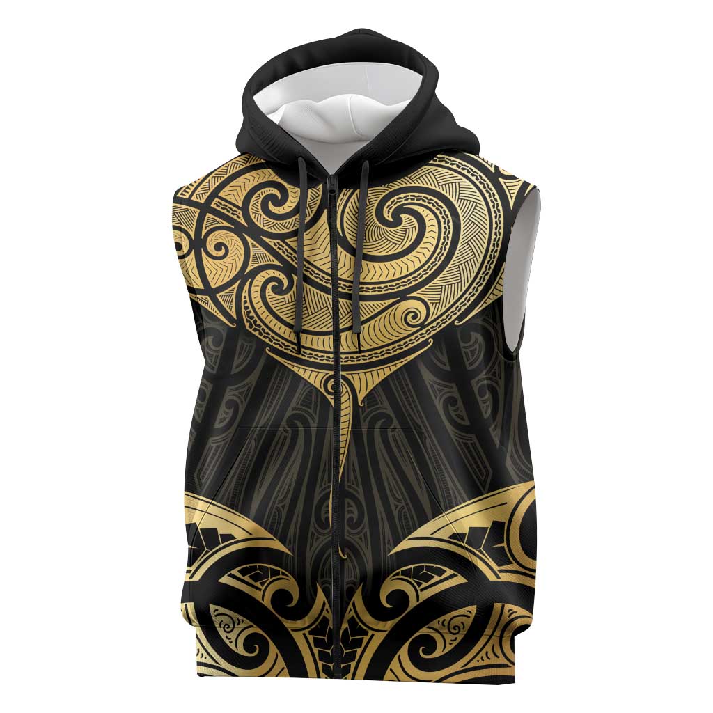 Gold Black New Zealand Manta Ray Sleeveless Zip Hoodie Aotearoa Maori Haehae LT14