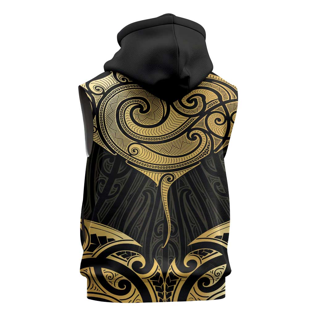 Gold Black New Zealand Manta Ray Sleeveless Zip Hoodie Aotearoa Maori Haehae - Aussie Hoodie