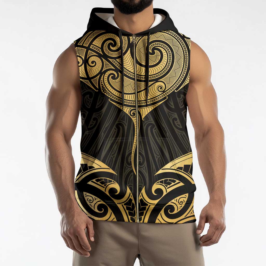 Gold Black New Zealand Manta Ray Sleeveless Zip Hoodie Aotearoa Maori Haehae - Aussie Hoodie