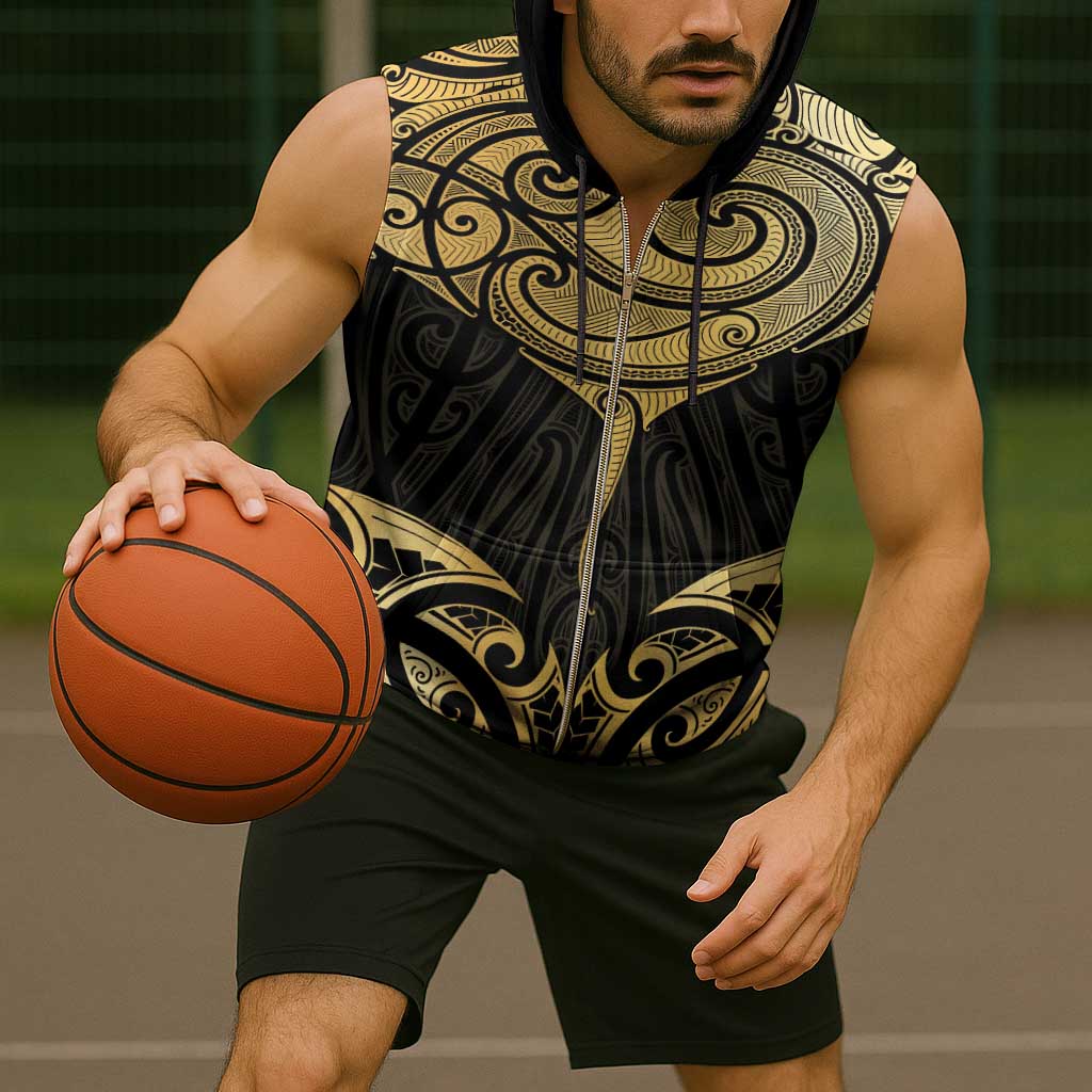 Gold Black New Zealand Manta Ray Sleeveless Zip Hoodie Aotearoa Maori Haehae - Aussie Hoodie