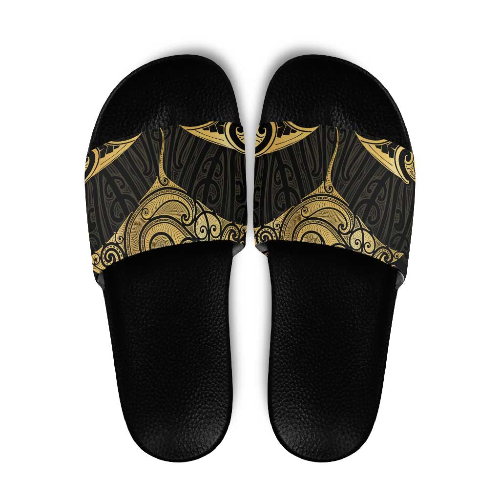 Gold Black New Zealand Manta Ray Slide Sandals Aotearoa Maori Haehae - Aussie Hoodie