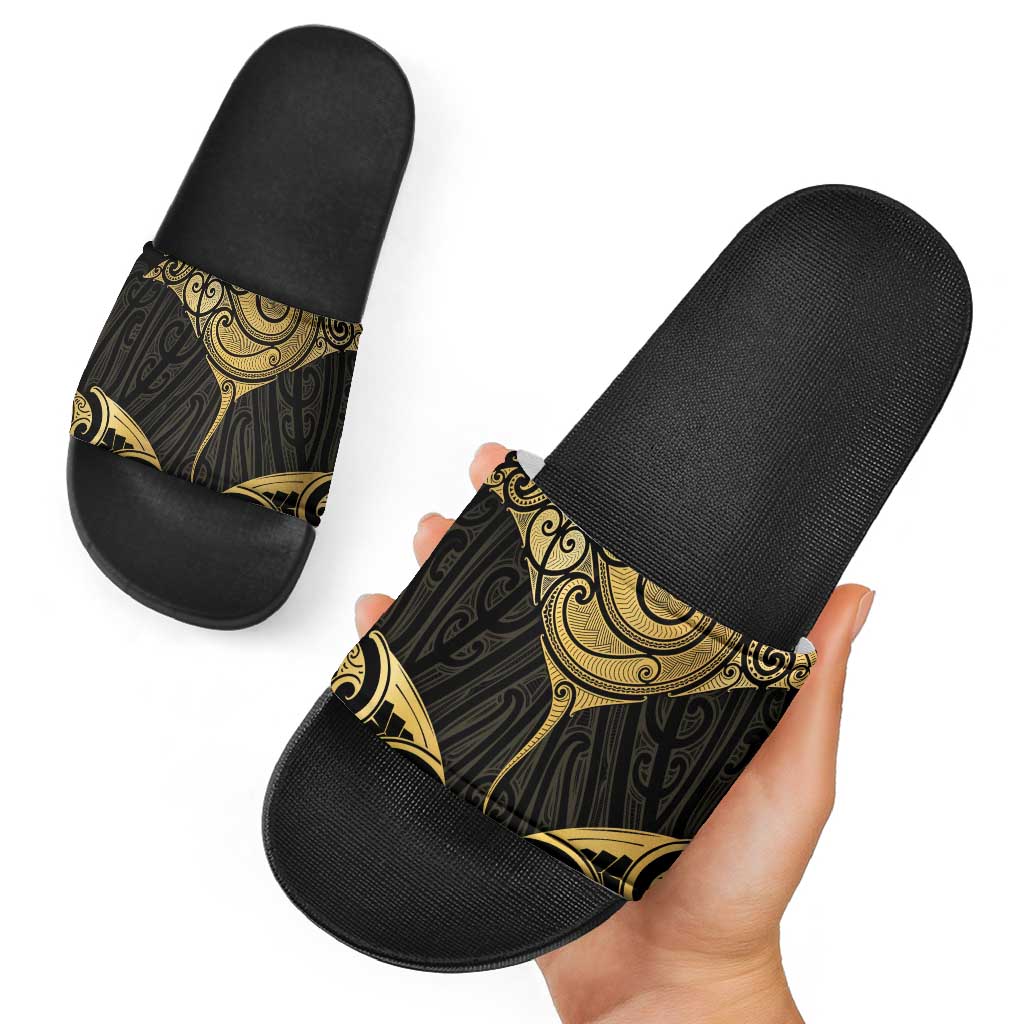 Gold Black New Zealand Manta Ray Slide Sandals Aotearoa Maori Haehae - Aussie Hoodie