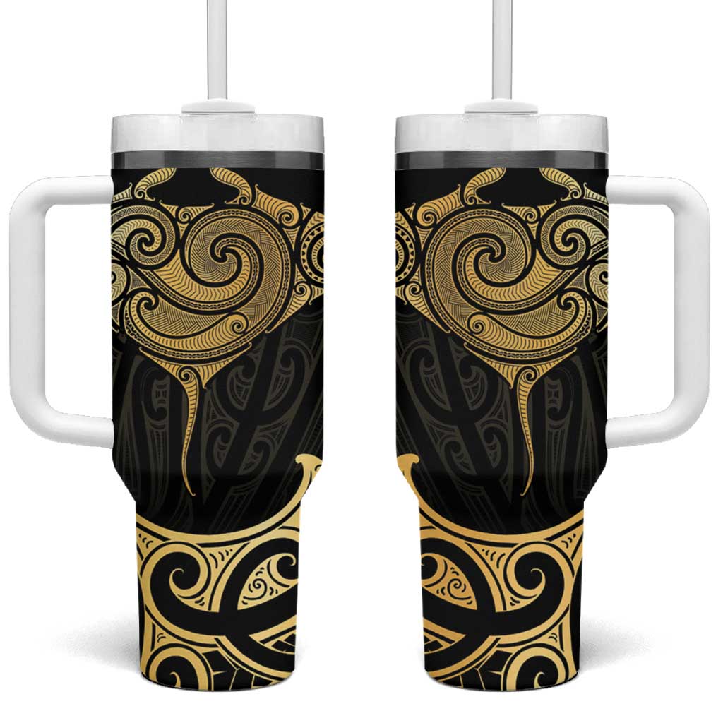 Gold Black New Zealand Manta Ray Tumbler With Handle Aotearoa Maori Haehae - Aussie Hoodie