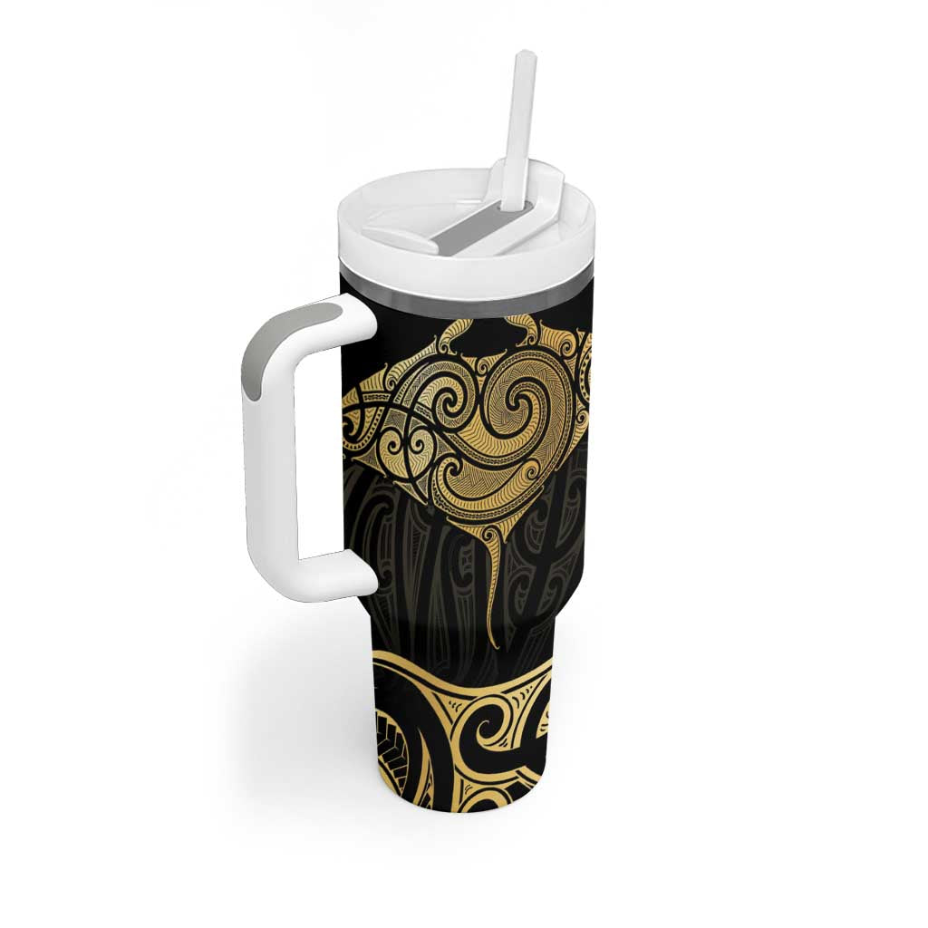 Gold Black New Zealand Manta Ray Tumbler With Handle Aotearoa Maori Haehae - Aussie Hoodie