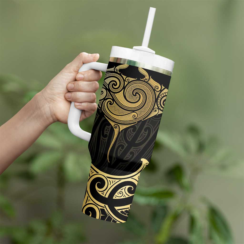 Gold Black New Zealand Manta Ray Tumbler With Handle Aotearoa Maori Haehae - Aussie Hoodie