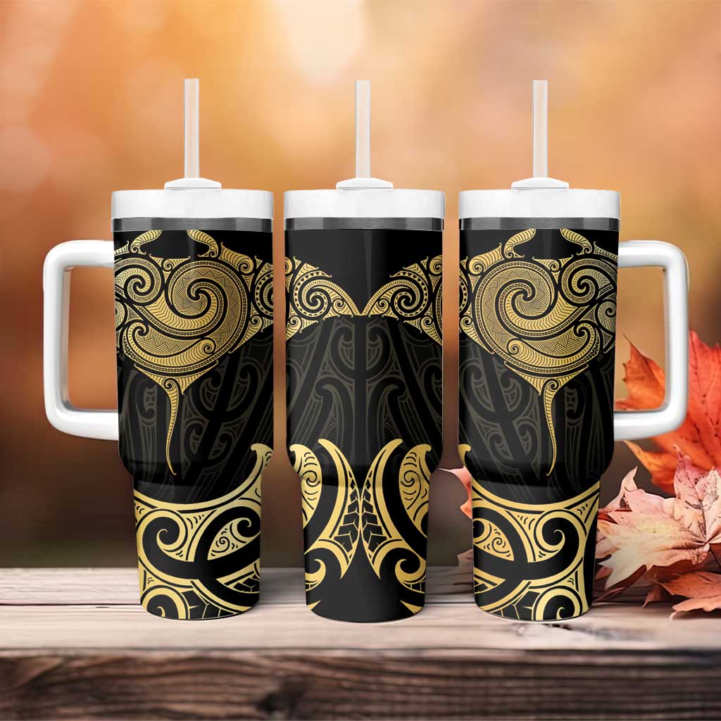 Gold Black New Zealand Manta Ray Tumbler With Handle Aotearoa Maori Haehae - Aussie Hoodie