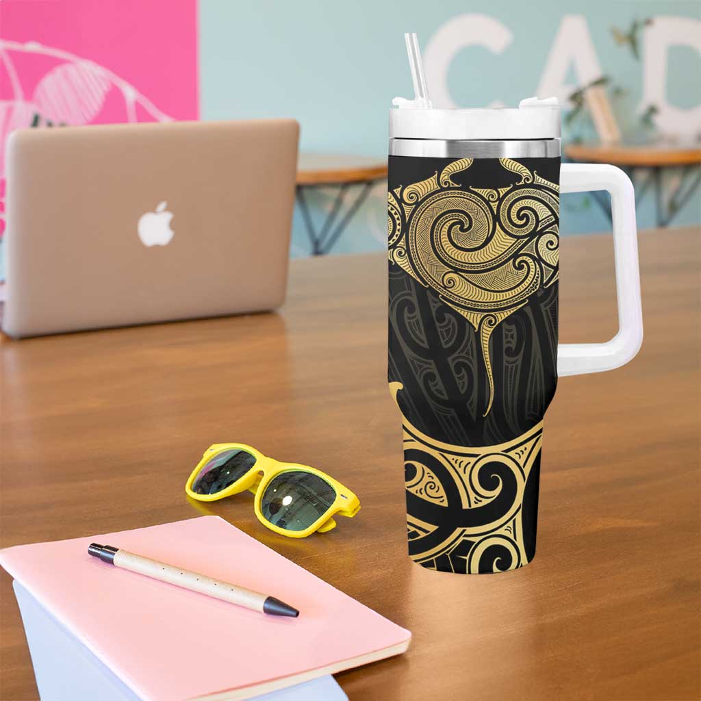 Gold Black New Zealand Manta Ray Tumbler With Handle Aotearoa Maori Haehae - Aussie Hoodie