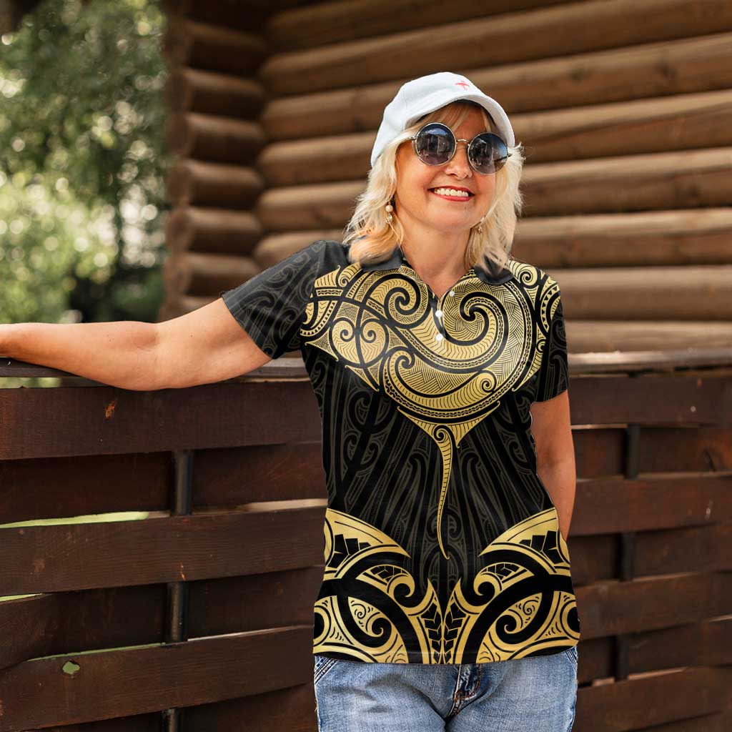 Gold Black New Zealand Manta Ray Women Polo Shirt Aotearoa Maori Haehae - Aussie Hoodie