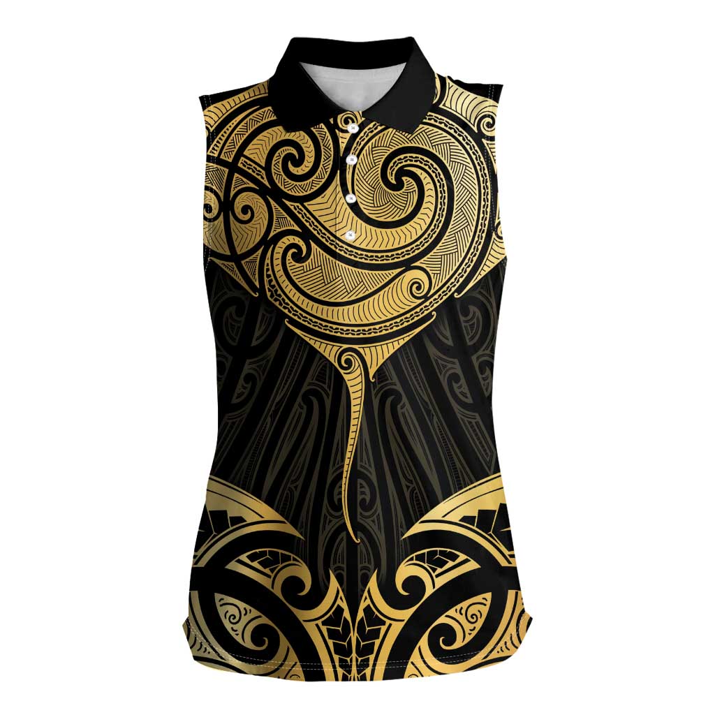 Gold Black New Zealand Manta Ray Women Sleeveless Polo Shirt Aotearoa Maori Haehae - Aussie Hoodie