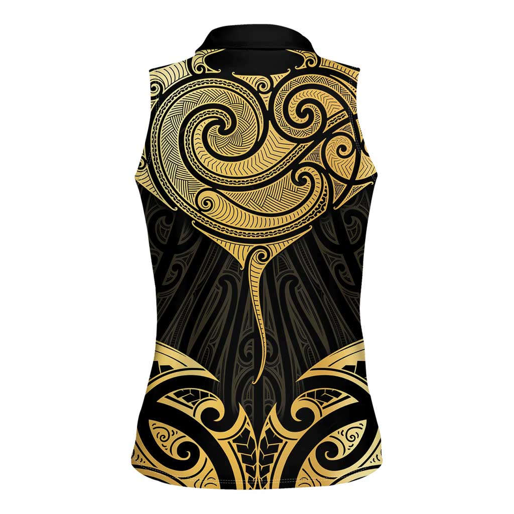 Gold Black New Zealand Manta Ray Women Sleeveless Polo Shirt Aotearoa Maori Haehae - Aussie Hoodie