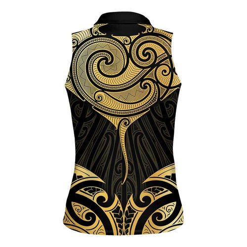 Gold Black New Zealand Manta Ray Women Sleeveless Polo Shirt Aotearoa Maori Haehae - Aussie Hoodie