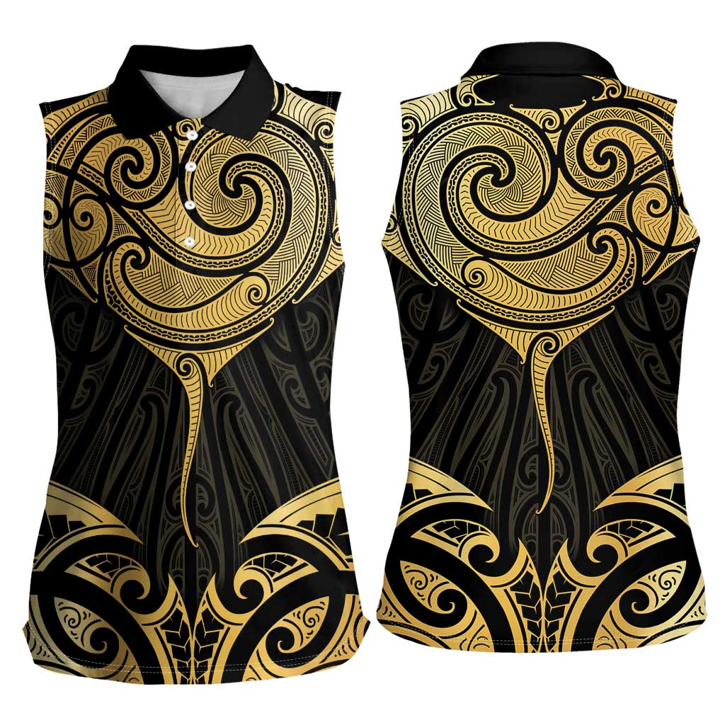 Gold Black New Zealand Manta Ray Women Sleeveless Polo Shirt Aotearoa Maori Haehae - Aussie Hoodie