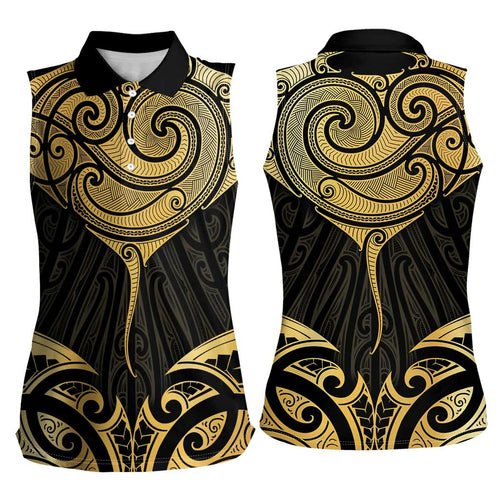 Gold Black New Zealand Manta Ray Women Sleeveless Polo Shirt Aotearoa Maori Haehae - Aussie Hoodie