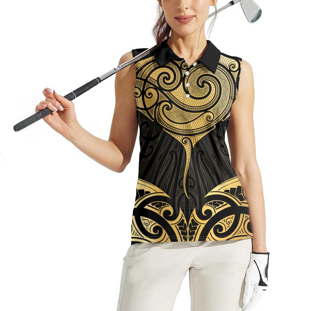 Gold Black New Zealand Manta Ray Women Sleeveless Polo Shirt Aotearoa Maori Haehae - Aussie Hoodie