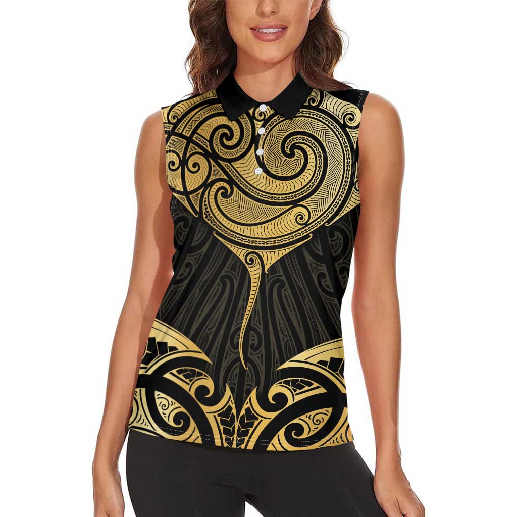 Gold Black New Zealand Manta Ray Women Sleeveless Polo Shirt Aotearoa Maori Haehae - Aussie Hoodie