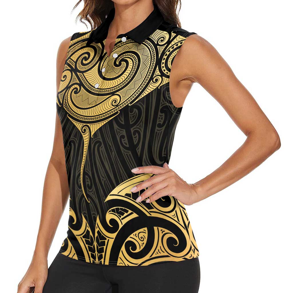 Gold Black New Zealand Manta Ray Women Sleeveless Polo Shirt Aotearoa Maori Haehae - Aussie Hoodie