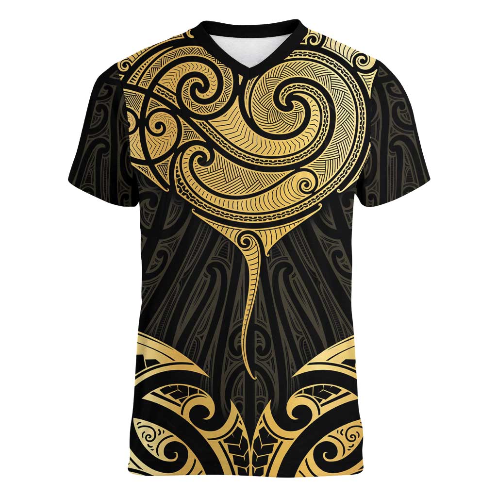 Gold Black New Zealand Manta Ray Women V-Neck T-Shirt Aotearoa Maori Haehae - Aussie Hoodie