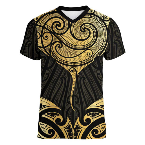 Gold Black New Zealand Manta Ray Women V-Neck T-Shirt Aotearoa Maori Haehae - Aussie Hoodie