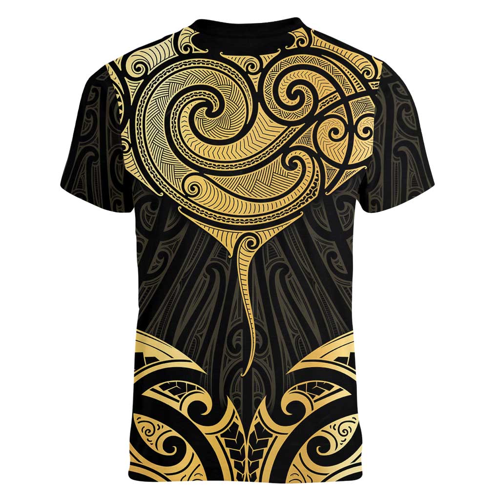 Gold Black New Zealand Manta Ray Women V-Neck T-Shirt Aotearoa Maori Haehae - Aussie Hoodie