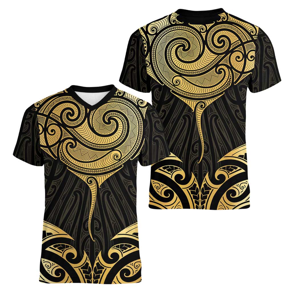 Gold Black New Zealand Manta Ray Women V-Neck T-Shirt Aotearoa Maori Haehae - Aussie Hoodie