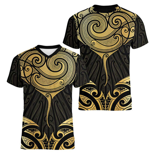 Gold Black New Zealand Manta Ray Women V-Neck T-Shirt Aotearoa Maori Haehae - Aussie Hoodie