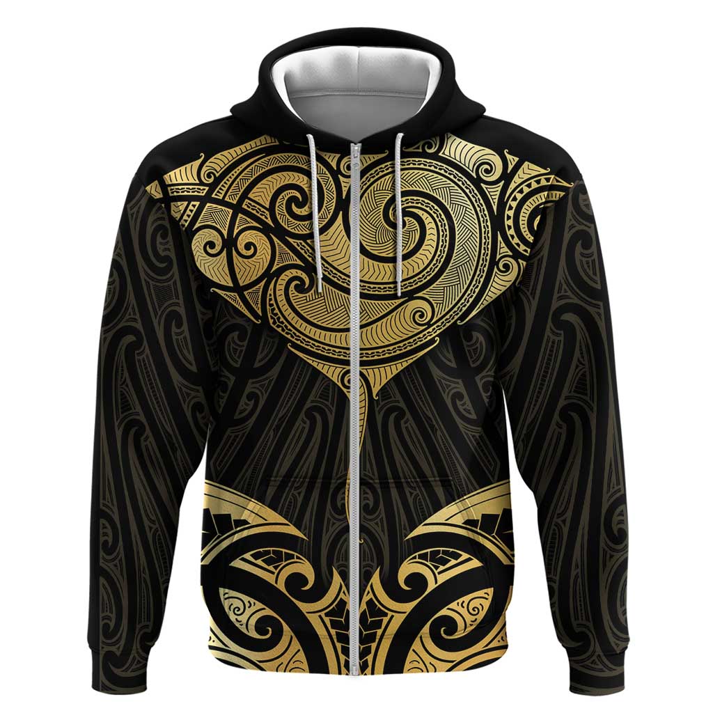 Gold Black New Zealand Manta Ray Zip Hoodie Aotearoa Maori Haehae - Aussie Hoodie
