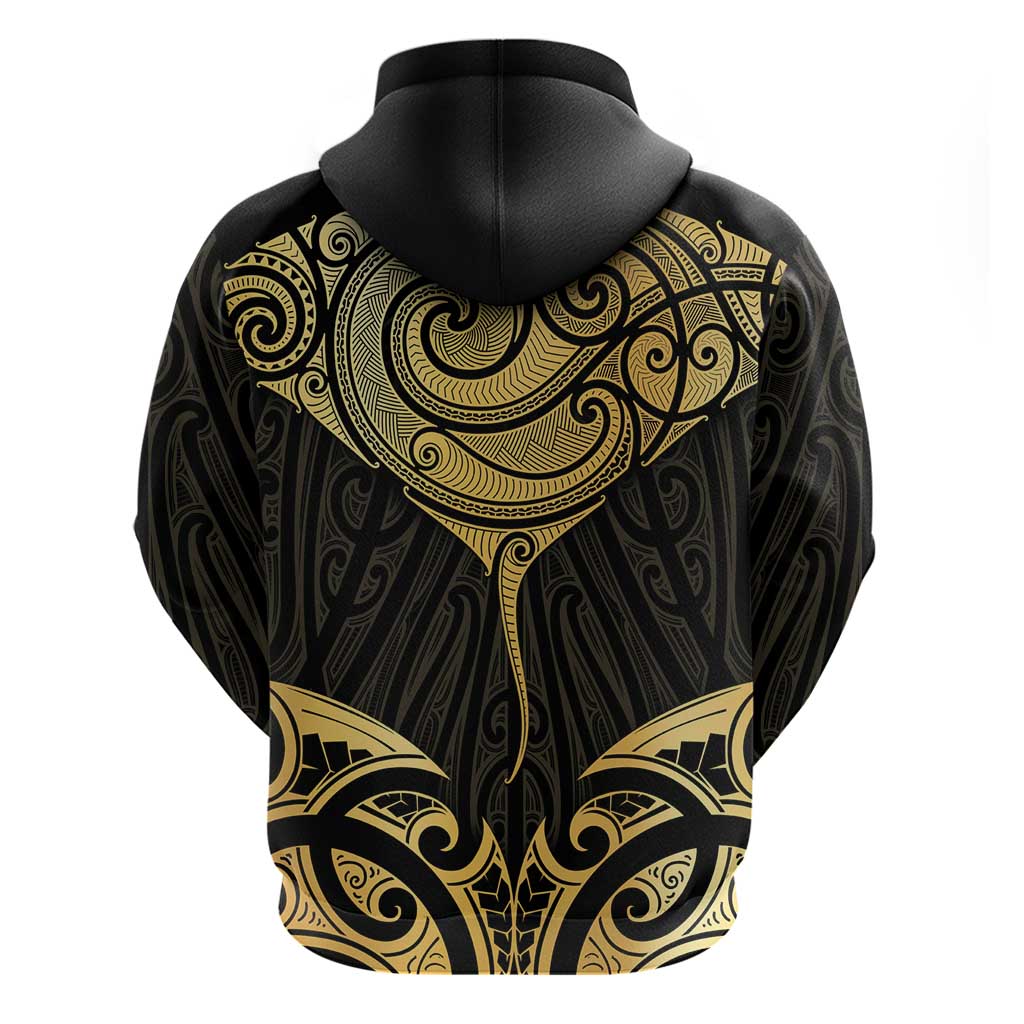 Gold Black New Zealand Manta Ray Zip Hoodie Aotearoa Maori Haehae - Aussie Hoodie