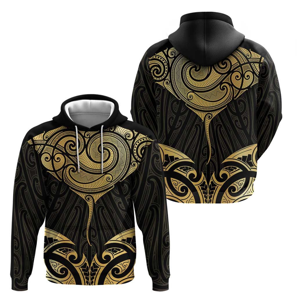 Gold Black New Zealand Manta Ray Zip Hoodie Aotearoa Maori Haehae - Aussie Hoodie