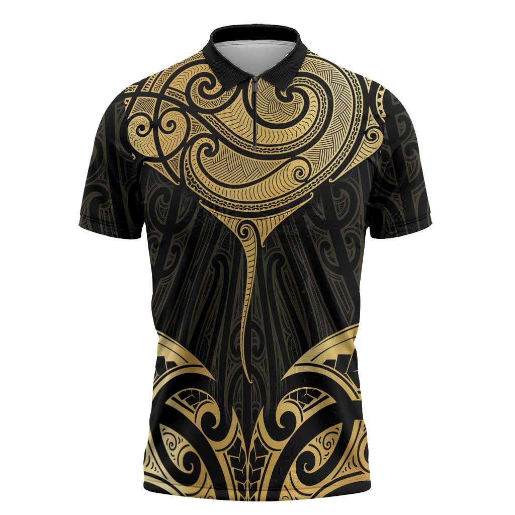 Gold Black New Zealand Manta Ray Zipper Polo Shirt Aotearoa Maori Haehae - Aussie Hoodie