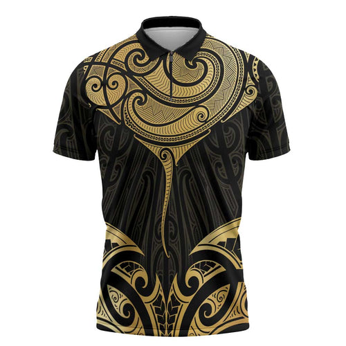 Gold Black New Zealand Manta Ray Zipper Polo Shirt Aotearoa Maori Haehae - Aussie Hoodie