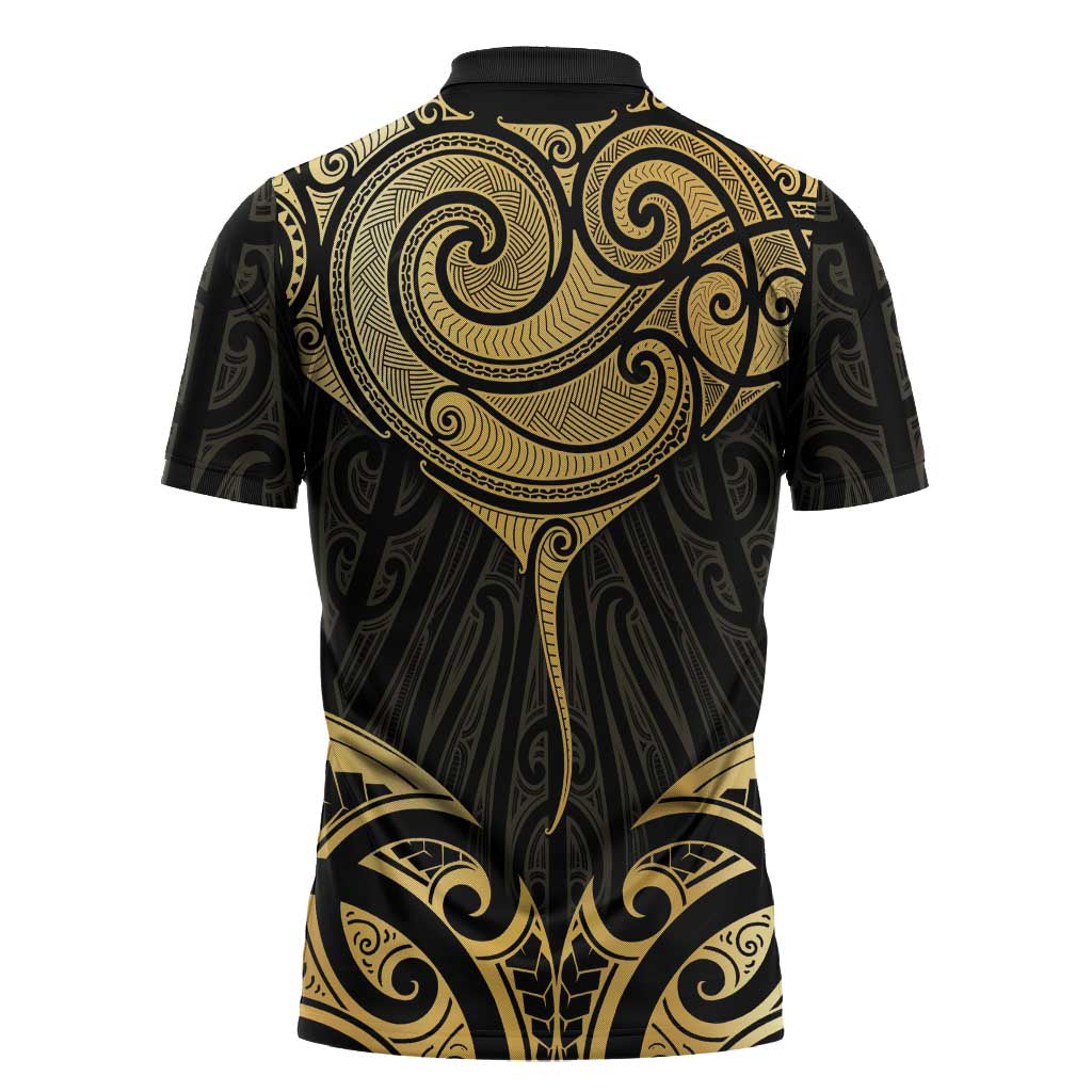 Gold Black New Zealand Manta Ray Zipper Polo Shirt Aotearoa Maori Haehae - Aussie Hoodie