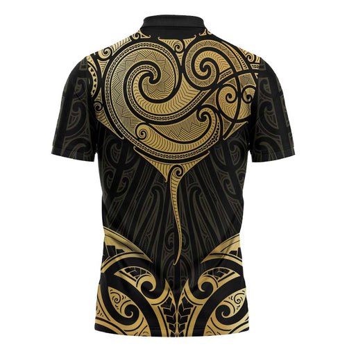 Gold Black New Zealand Manta Ray Zipper Polo Shirt Aotearoa Maori Haehae - Aussie Hoodie