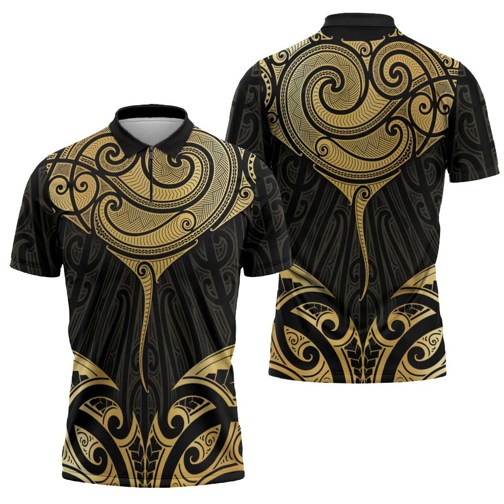 Gold Black New Zealand Manta Ray Zipper Polo Shirt Aotearoa Maori Haehae - Aussie Hoodie