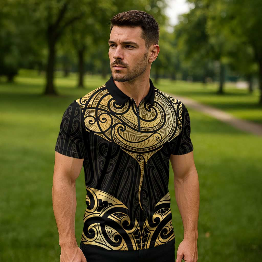 Gold Black New Zealand Manta Ray Zipper Polo Shirt Aotearoa Maori Haehae - Aussie Hoodie