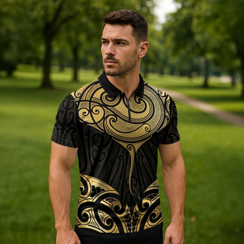 Gold Black New Zealand Manta Ray Zipper Polo Shirt Aotearoa Maori Haehae - Aussie Hoodie