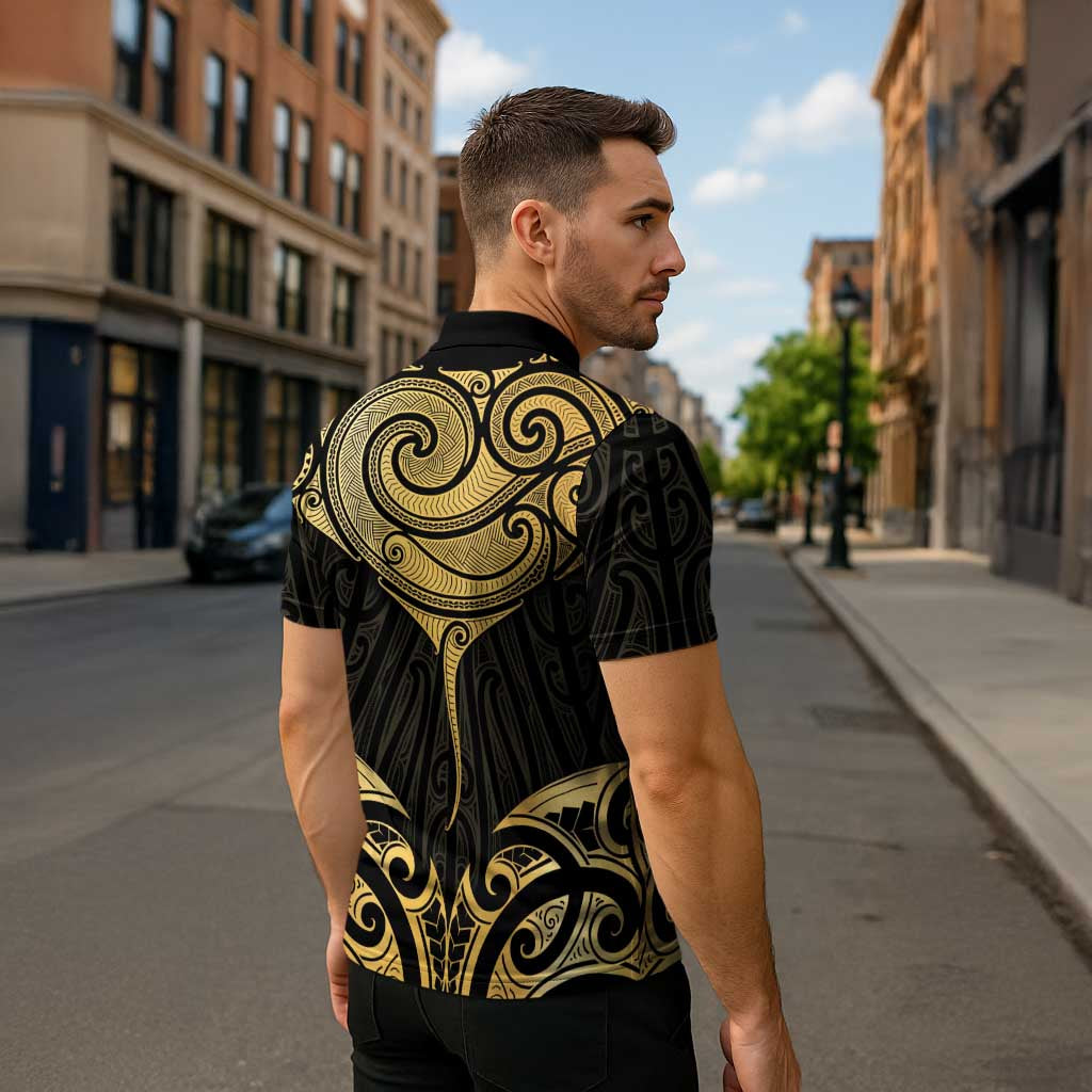 Gold Black New Zealand Manta Ray Zipper Polo Shirt Aotearoa Maori Haehae - Aussie Hoodie
