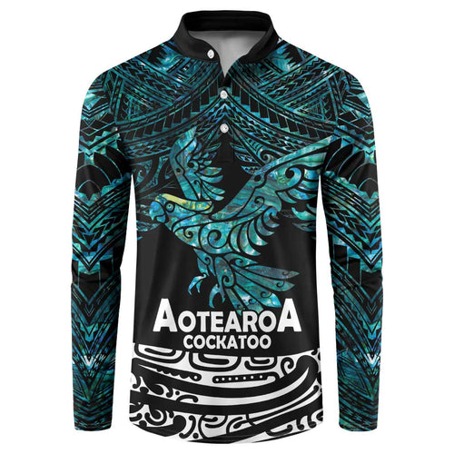 New Zealand Sulphur-crested Cockatoo Button Sweatshirt Aotearoa Maori Mix Paua Shell