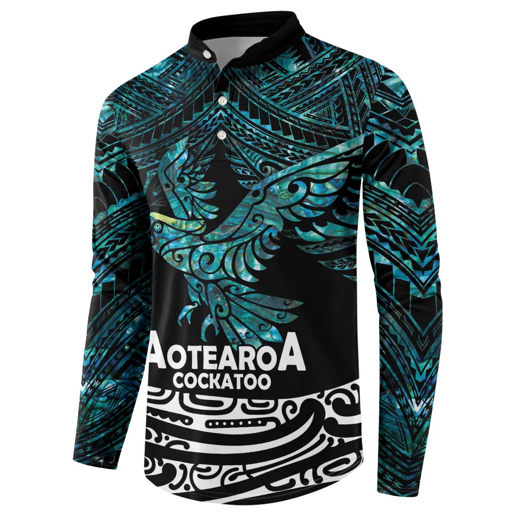 New Zealand Sulphur-crested Cockatoo Button Sweatshirt Aotearoa Maori Mix Paua Shell