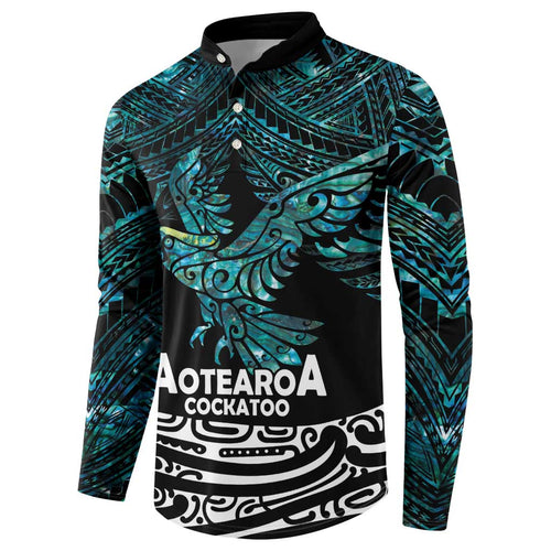 New Zealand Sulphur-crested Cockatoo Button Sweatshirt Aotearoa Maori Mix Paua Shell