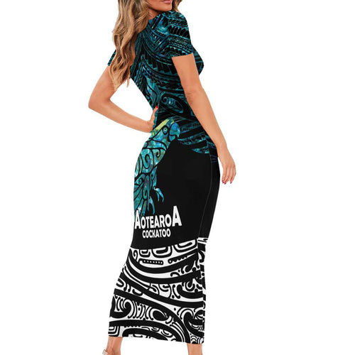 New Zealand Sulphur-crested Cockatoo Family Matching Short Sleeve Bodycon Dress and Hawaiian Shirt Aotearoa Maori Mix Paua Shell
