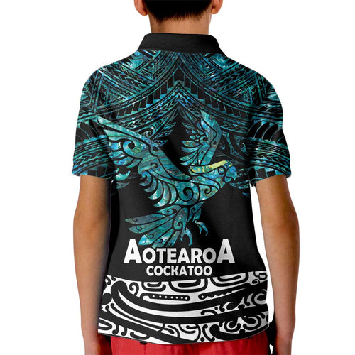 New Zealand Sulphur-crested Cockatoo Kid Polo Shirt Aotearoa Maori Mix Paua Shell