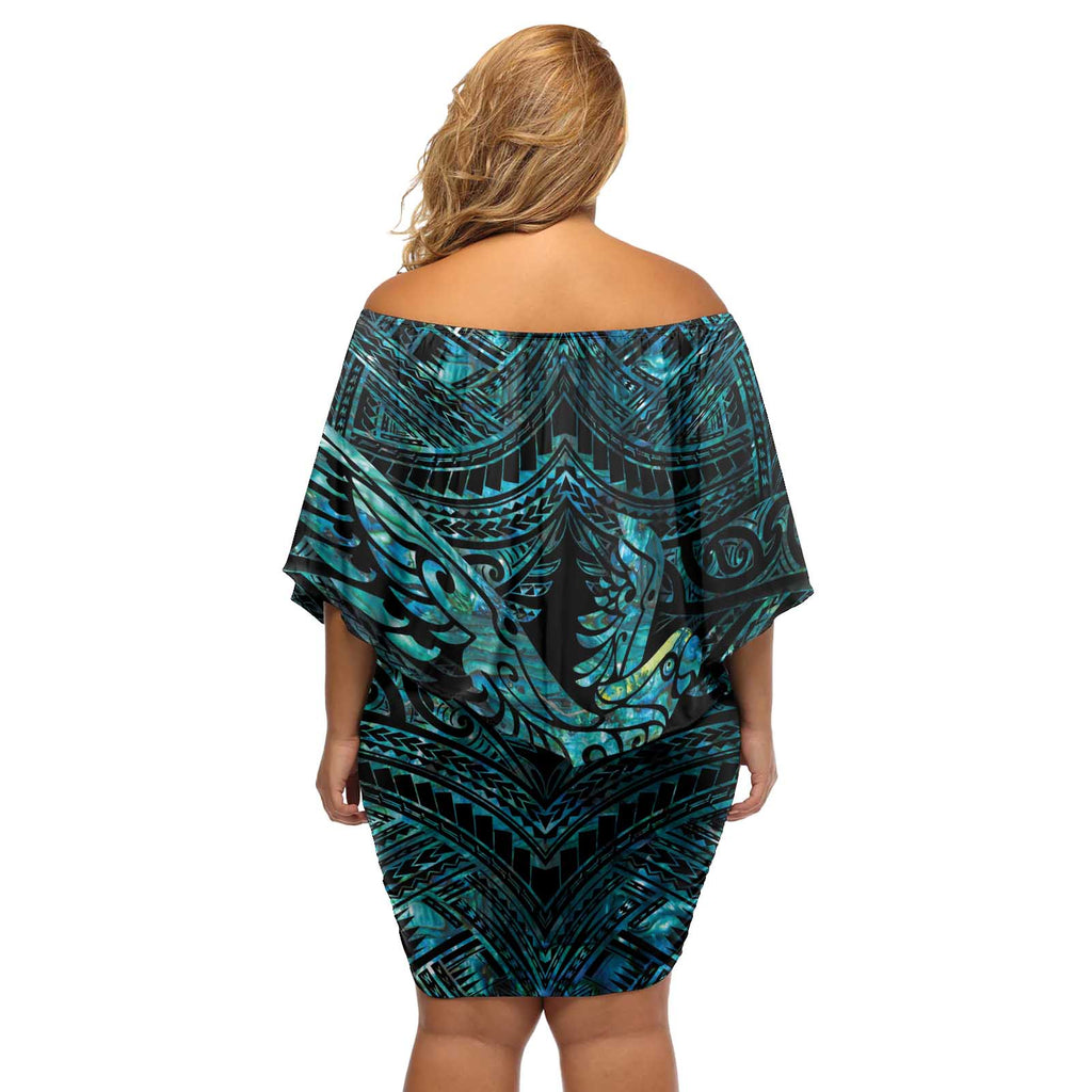 New Zealand Sulphur-crested Cockatoo Off Shoulder Short Dress Aotearoa Maori Mix Paua Shell