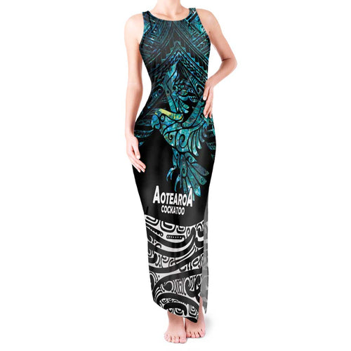 New Zealand Sulphur-crested Cockatoo Tank Maxi Dress Aotearoa Maori Mix Paua Shell