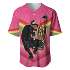 Personalised Panthers Rugby 2024 Baseball Jersey Mascot With Trophy Go Champions Aboriginal Art - Pink