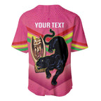 Personalised Panthers Rugby 2024 Baseball Jersey Mascot With Trophy Go Champions Aboriginal Art - Pink