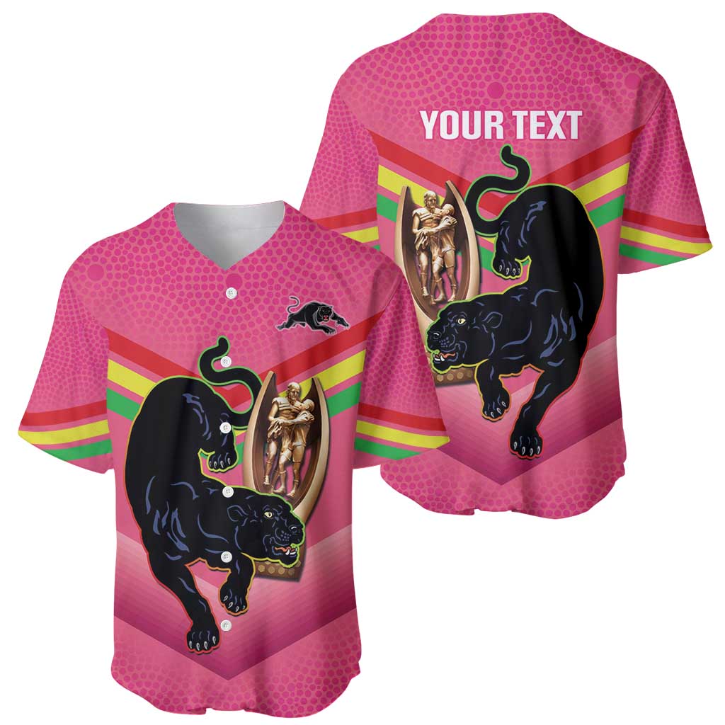 Personalised Panthers Rugby 2024 Baseball Jersey Mascot With Trophy Go Champions Aboriginal Art - Pink